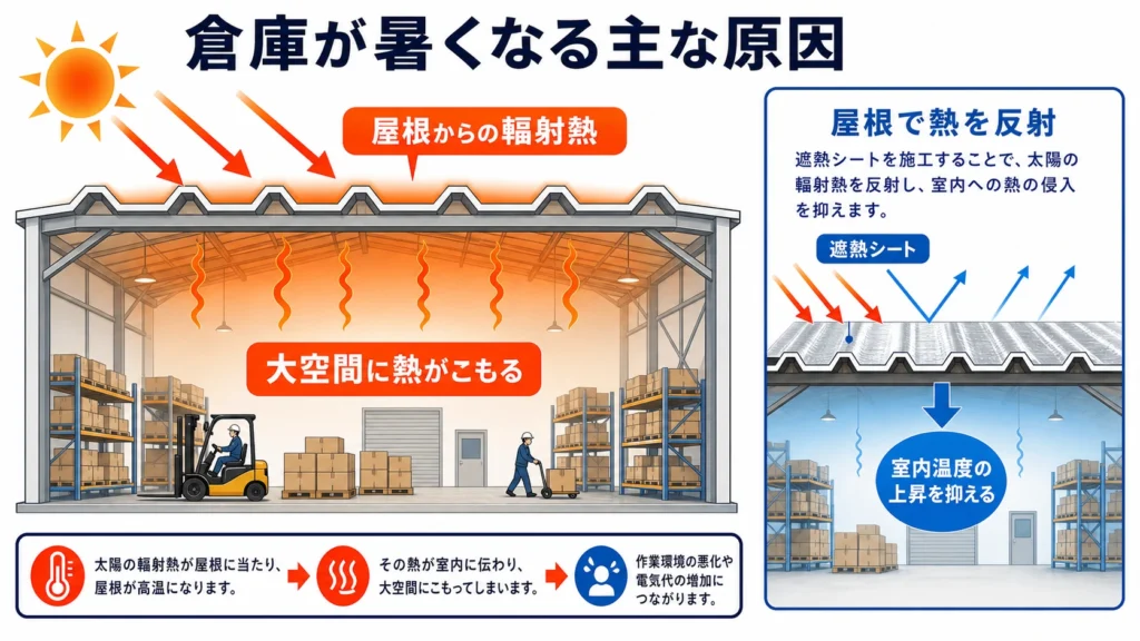倉庫が暑くなる原因と屋根からの輻射熱を反射する遮熱シートの仕組み