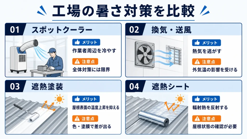 スポットクーラー・換気送風・遮熱塗装・遮熱シートの違いを比較した図解